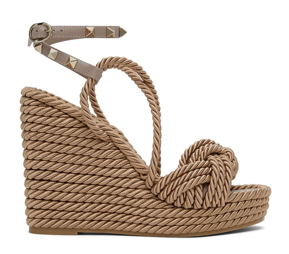 Valentino Rockstud Torchon Poudre Nude Cord Rope Wedge Ankle Strap Sandal 37